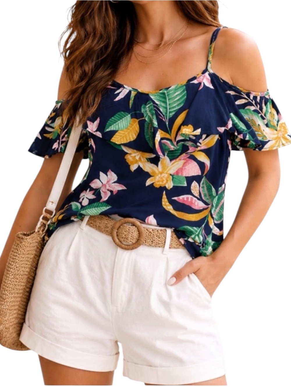 Old Navy tropical floral botanical print ruffle strap cami tank top Size S
